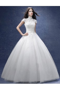 Tulle, Lace High Collar Floor Length Cap Sleeve Ball Gown Dress with Sequins