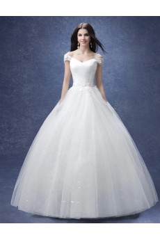 Tulle Off-the-Shoulder Floor Length Ball Gown Dress with Pearl