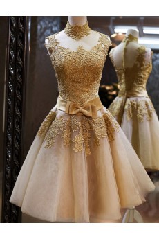 Chiffon, Lace High Collar Knee-Length Sleeveless Ball Gown Dress with Embroidered, Bow