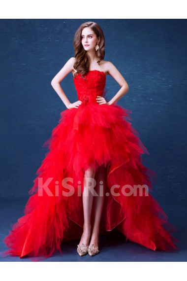 Lace, Chiffon, Tulle Strapless Mini/Short Sleeveless Ball Gown Dress with Rhinestone