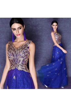Tulle V-neck Floor Length Sleeveless A-line Dress with Rhinestone, Sequins