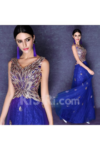 Tulle V-neck Floor Length Sleeveless A-line Dress with Rhinestone, Sequins