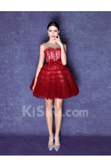 Lace, Tulle Jewel Mini/Short Sleeveless Ball Gown Dress with Bow