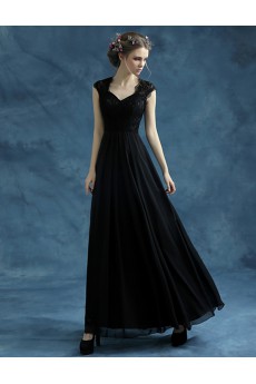 Lace, Chiffon, Tulle V-neck Floor Length Cap Sleeve A-line Dress with Embroidered