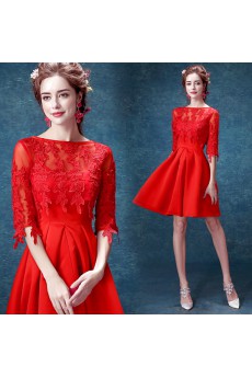 Tulle, Satin Bateau Mini/Short Half Sleeve A-line Dress with Embroidered