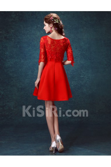 Tulle, Satin Bateau Mini/Short Half Sleeve A-line Dress with Embroidered