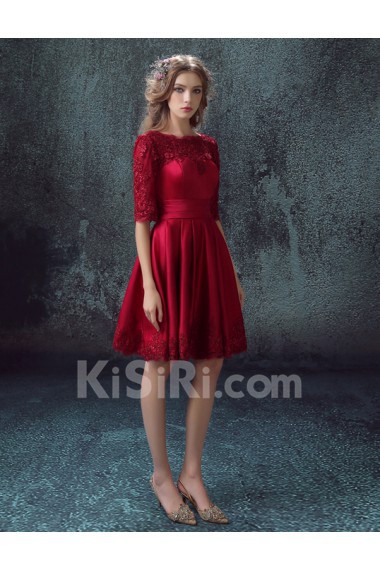 Lace, Satin, Tulle Bateau Knee-Length Half Sleeve A-line Dress with Embroidered