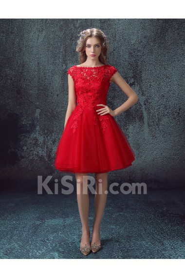 Lace, Organza Scoop Mini/Short Cap Sleeve Ball Gown Dress with Embroidered