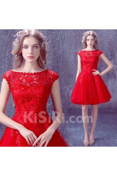 Lace, Organza Scoop Mini/Short Cap Sleeve Ball Gown Dress with Embroidered