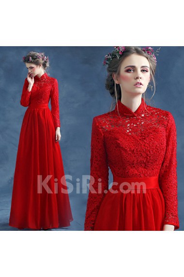 Lace High Collar Floor Length Long Sleeve Sheath Dress