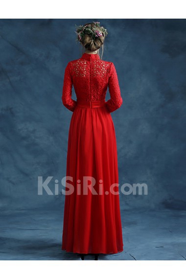 Lace High Collar Floor Length Long Sleeve Sheath Dress