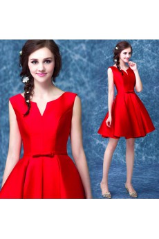 Satin V-neck Mini/Short Sleeveless Ball Gown Dress with Bow