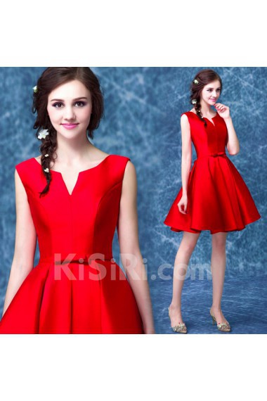 Satin V-neck Mini/Short Sleeveless Ball Gown Dress with Bow