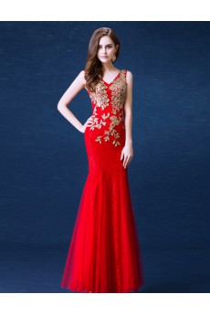 Lace, Chiffon, Tulle V-neck Floor Length Sleeveless Mermaid Dress with Embroidered, Rhinestone