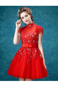 Lace, Tulle High Collar Mini/Short Cap Sleeve Ball Gown Dress with Beads, Bow