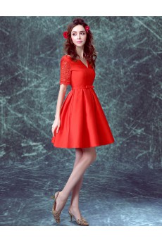 Satin V-neck Mini/Short Short Sleeve A-line Dress with Lace, Bow