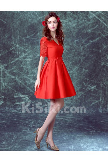 Satin V-neck Mini/Short Short Sleeve A-line Dress with Lace, Bow