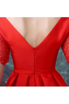 Satin V-neck Mini/Short Short Sleeve A-line Dress with Lace, Bow