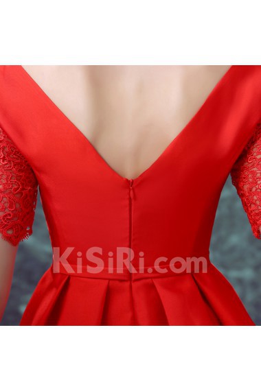 Satin V-neck Mini/Short Short Sleeve A-line Dress with Lace, Bow