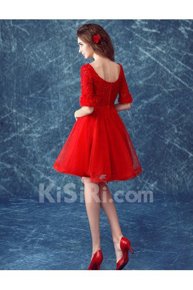 Lace, Organza Scoop Mini/Short Half Sleeve Ball Gown Dress with Sequins, Bow