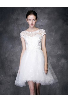 Lace, Satin Scoop Mini/Short Cap Sleeve Ball Gown Dress with Beads