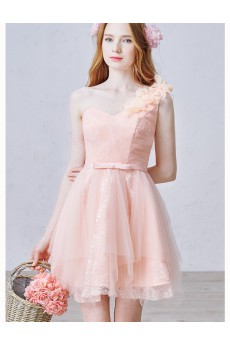 Lace, Tulle, Satin One-shoulder Mini/Short Sleeveless A-line Dress with Handmade Flowers, Bow