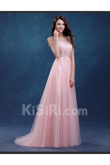 Tulle Scoop Sweep Train Cap Sleeve A-line Dress with Beads