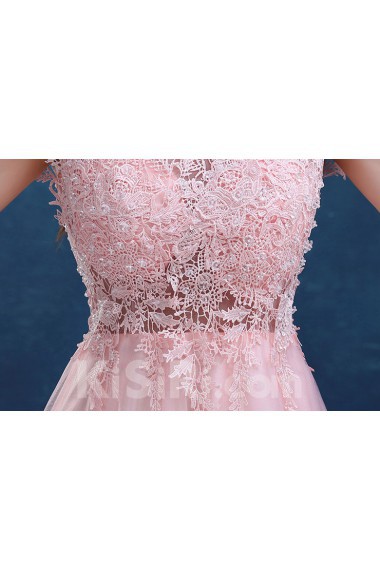 Tulle Scoop Sweep Train Cap Sleeve A-line Dress with Beads