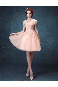 SequinsLace, Tulle High Collar Mini/Short Cap Sleeve Ball Gown Dress with Beads, Rhinestone