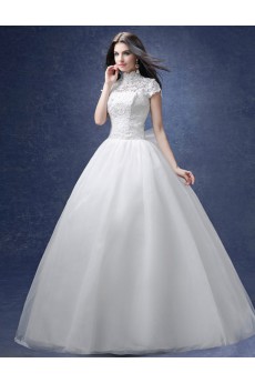 Lace, Organza High Collar Floor Length Cap Sleeve A-line Dress with Bow