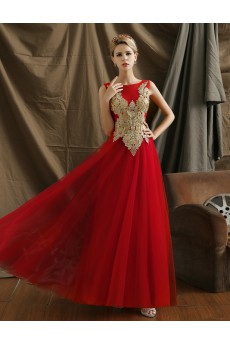 Tulle Bateau Floor Length Sleeveless A-line Dress with Embroidered