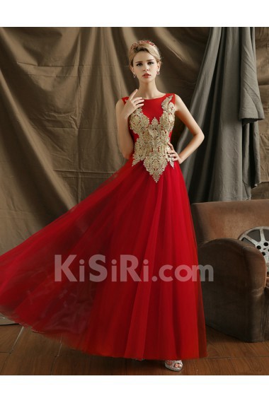 Tulle Bateau Floor Length Sleeveless A-line Dress with Embroidered