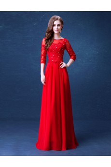 Lace, Chiffon Bateau Floor Length Three-quarter Sheath Dress with Rhinestone