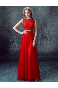 Lace, Tulle Bateau Floor Length Sleeveless A-line Dress with Embroidered, Rhinestone