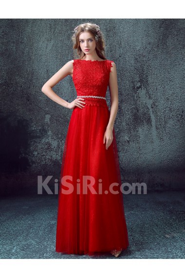 Lace, Tulle Bateau Floor Length Sleeveless A-line Dress with Embroidered, Rhinestone