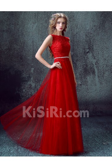 Lace, Tulle Bateau Floor Length Sleeveless A-line Dress with Embroidered, Rhinestone