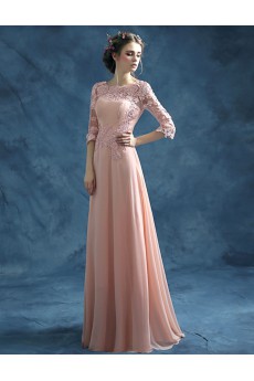 Lace, Chiffon Jewel Floor Length Half Sleeve Sheath Dress with Embroidered, Rhinestone