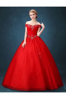 Tulle Off-the-Shoulder Floor Length Ball Gown Dress with Rhinestone