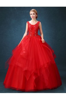 Tulle, Lace Scoop Floor Length Sleeveless Ball Gown Dress with Rhinestone, Beads