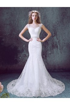 Lace, Organza Scoop Chapel Train Sleeveless Mermaid Dress with Sash, Sequins