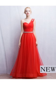 Tulle, Lace One-shoulder Floor Length Sleeveless A-line Dress with Rhinestone