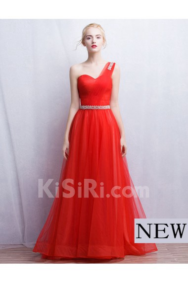 Tulle, Lace One-shoulder Floor Length Sleeveless A-line Dress with Rhinestone