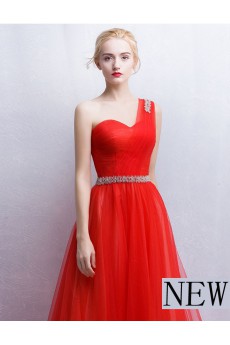 Tulle, Lace One-shoulder Floor Length Sleeveless A-line Dress with Rhinestone