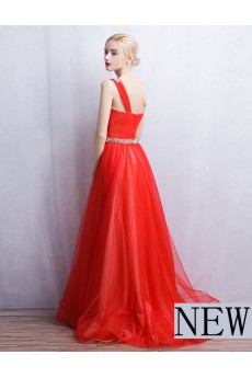 Tulle, Lace One-shoulder Floor Length Sleeveless A-line Dress with Rhinestone