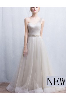 Tulle, Lace One-shoulder Floor Length Sleeveless A-line Dress with Rhinestone