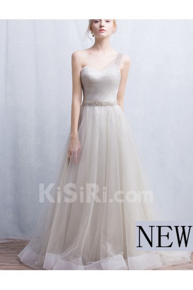 Tulle, Lace One-shoulder Floor Length Sleeveless A-line Dress with Rhinestone