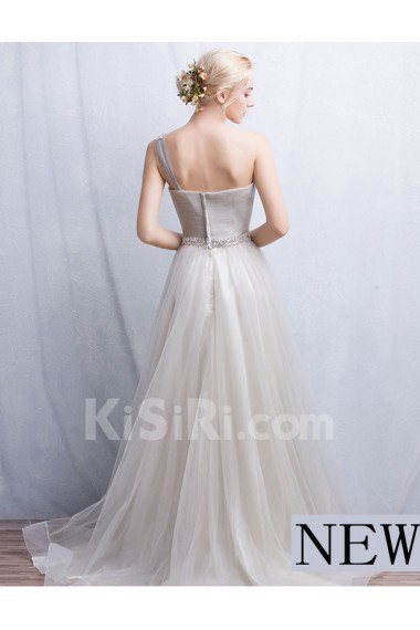 Tulle, Lace One-shoulder Floor Length Sleeveless A-line Dress with Rhinestone