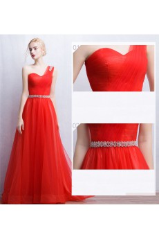 Tulle, Lace One-shoulder Floor Length Sleeveless A-line Dress with Rhinestone