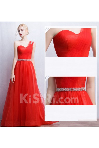 Tulle, Lace One-shoulder Floor Length Sleeveless A-line Dress with Rhinestone