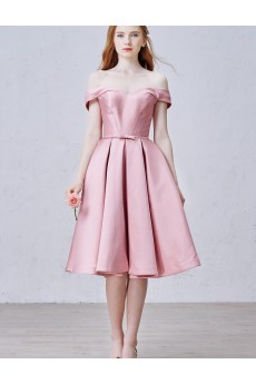 Satin Off-the-Shoulder Knee-Length A-line Dress with Bow